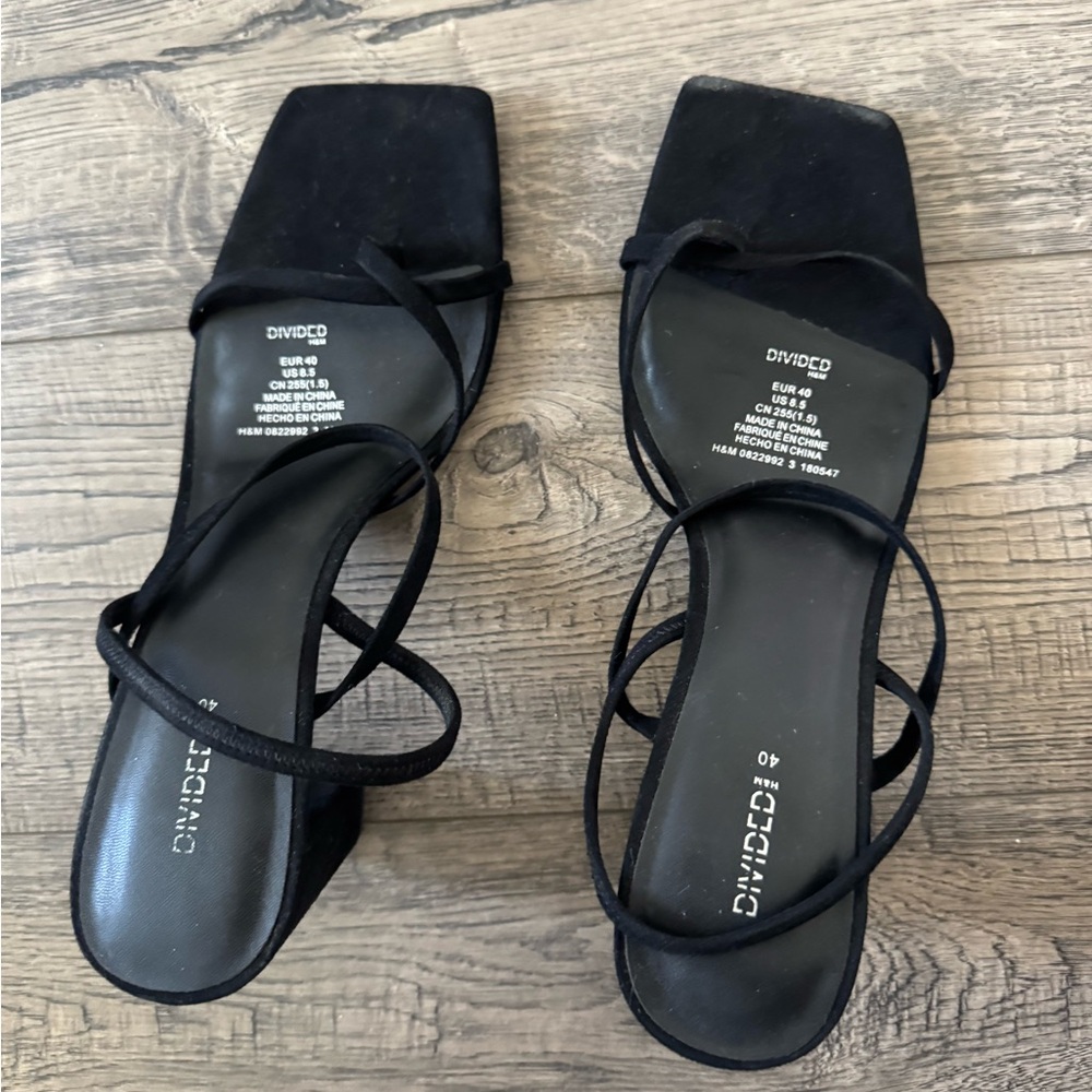 Black Strappy Square-Toe Heeled Sandals